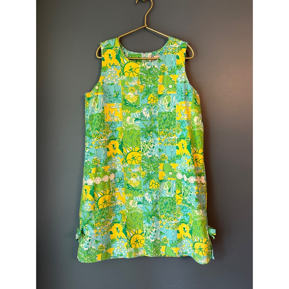 Vintage Lilly Pulitzer Girls Green Yellow Koala Patchwork Shift Dress Size 14